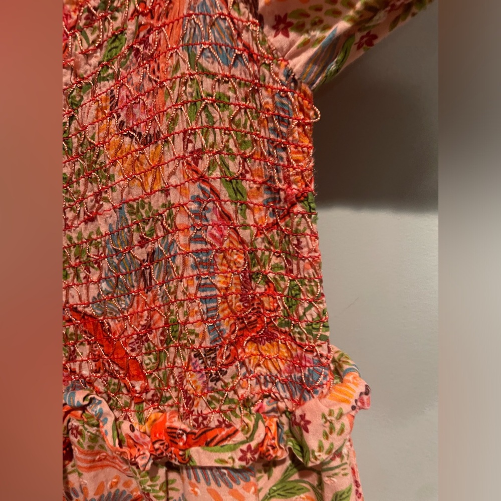 FARM RIO ANTHROPOLOGIE PINK MACAW FLIGHT SMOCKED MIDI DRESS - Picture 12 of 13